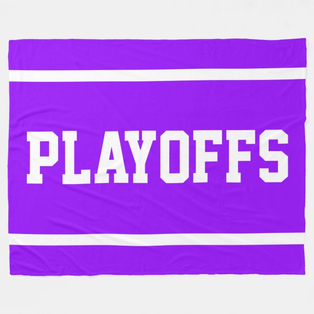 PLAYOFFS Bright Purple Athletic White Text Stripes Fleece Blanket (Front (Horizontal))