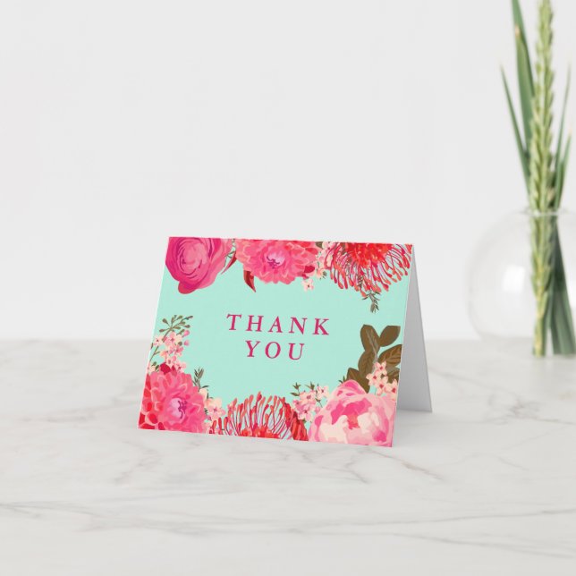 Pleasant Pink & Mint Floral Thank You Card (Front)