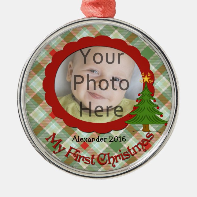 Pleasant Plaid Baby's First Christmas Ornament (Front)