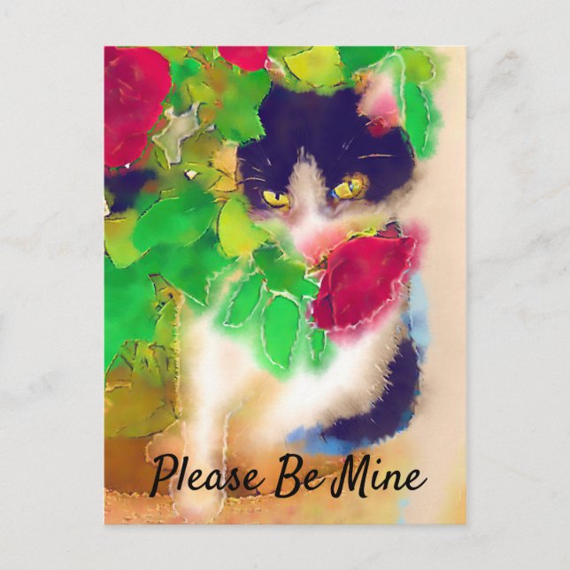 Please Be Mine, Cat with Red Rose Valentine Postcard (Front)