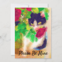 Please Be Mine, Cat with Red Rose Valentine