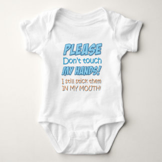 Please don't touch my hands! (Blue) baby Bodysuit