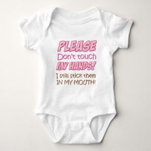 Please don't touch my hands! (Pink) baby Baby Bodysuit