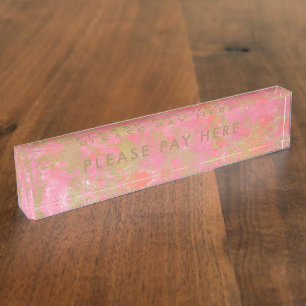 Please Pay here Sign Pink Marble Gold Business Nameplate