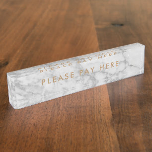 Please Pay here Sign White Marble Gold Business Nameplate