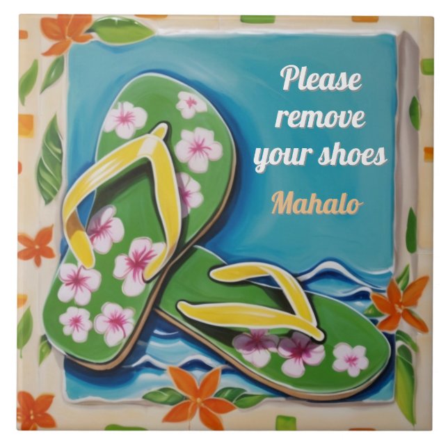 Please Remove Shoes Sign Green Hawaiian Flip Flops Tile (Front)