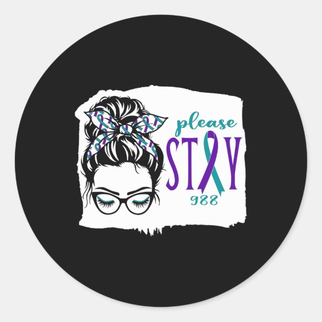 Please Stay Suicide Awareness 988 Messy Bun Teal P Classic Round Sticker (Front)