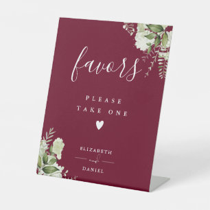 Please Take A Favor Burgundy Floral Greenery Pedestal Sign