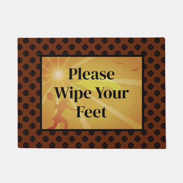 Please wipe your feet orange brown tennis welcome doormat (Front)