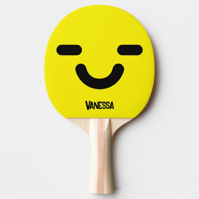 Pleased Smiley Face Yellow with Name Ping Pong Paddle (Front)
