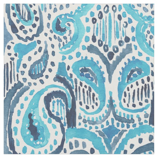 PLEASURE PAISLEY Blue Ikat Watercolor Pattern Fabric (Close Up)