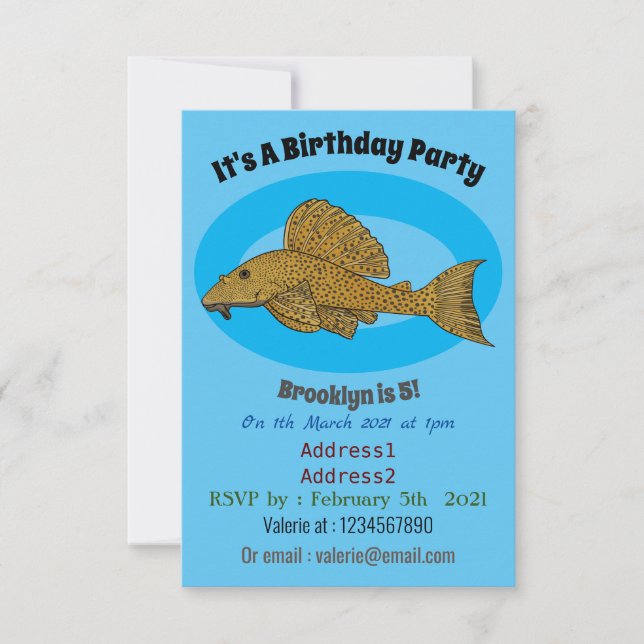 Pleco fish cartoon illustration  invitation (Front)