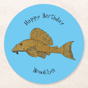 Pleco fish cartoon illustration  round paper coaster