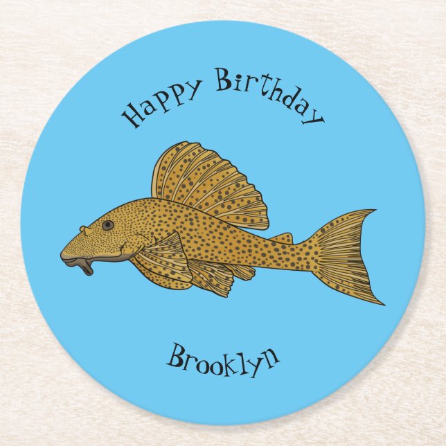 Pleco fish cartoon illustration  round paper coaster (Front)