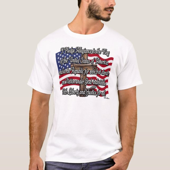 Pledge of Allegiance with US Flag and Cross T-Shirt (Front)