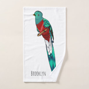 plendent quetzal bird cartoon illustration bath towel set