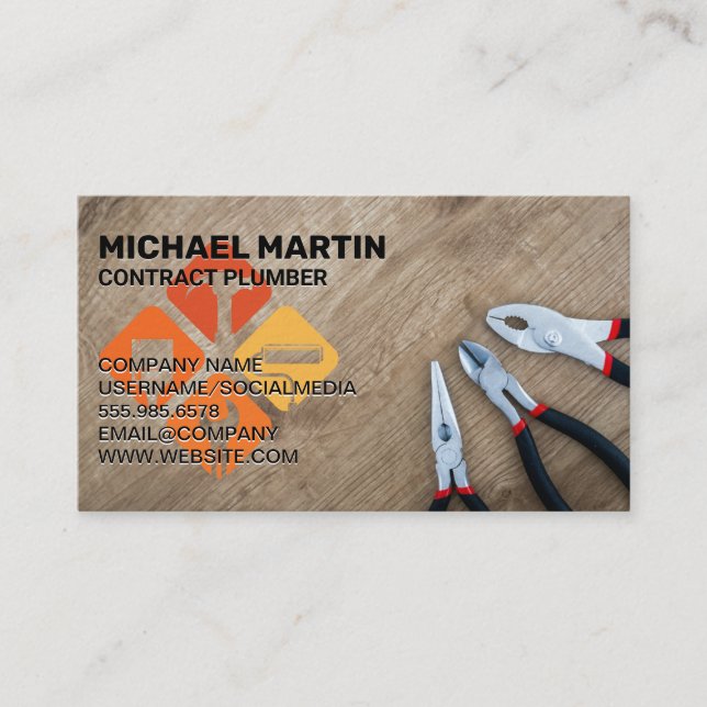 Pliers on Wood Table | Hand Tools Business Card (Front)