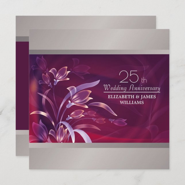 Plim | Silver Floral 25th Anniversary Party  Invitation (Front/Back)
