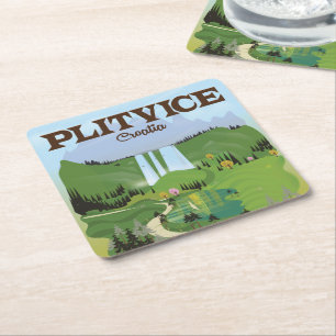 Plitvice Croatia travel poster Square Paper Coaster