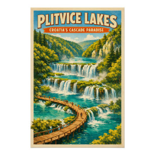 Plitvice Lakes, Croatia, in a classic retro travel Poster