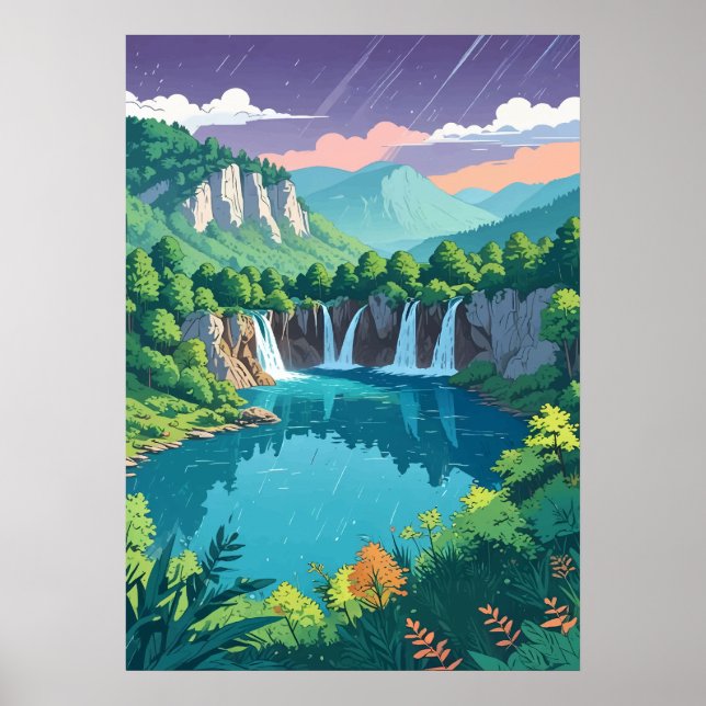 Plitvice Lakes Waterfall Art Poster (Front)