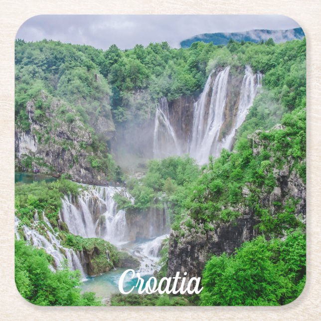 Plitvice lakes waterfall square paper coaster (Front)