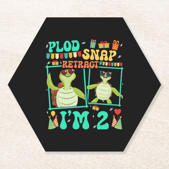 Plod Snap Retract I'm 2 Turtle Kid 2nd Birthday Paper Coaster (Front)