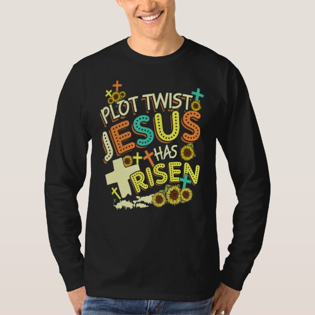 Plot Twist Jesus Has Risen Sunflower Cross Retro V T-Shirt (Front)
