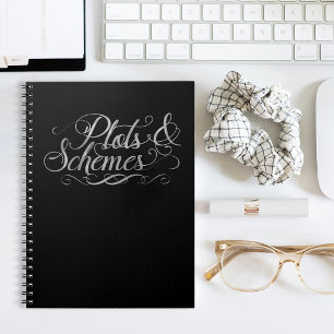Plots & Schemes Black & Faux Silver Typography Spiral Notebook