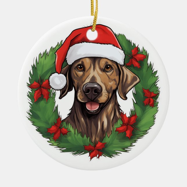 Plott Hound Christmas wreath Ceramic Tree Decoration (Front)