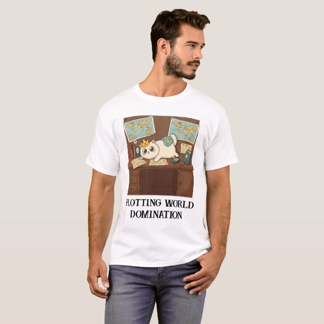 Plotting World Domination Funny Cat T-Shirt (Front Full)
