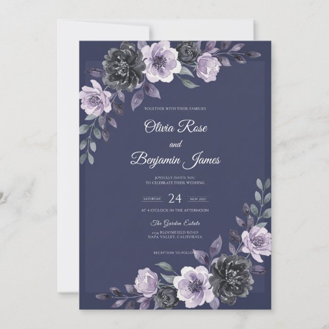 Plum Amethyst Leaf Wedding Invitation (Front)