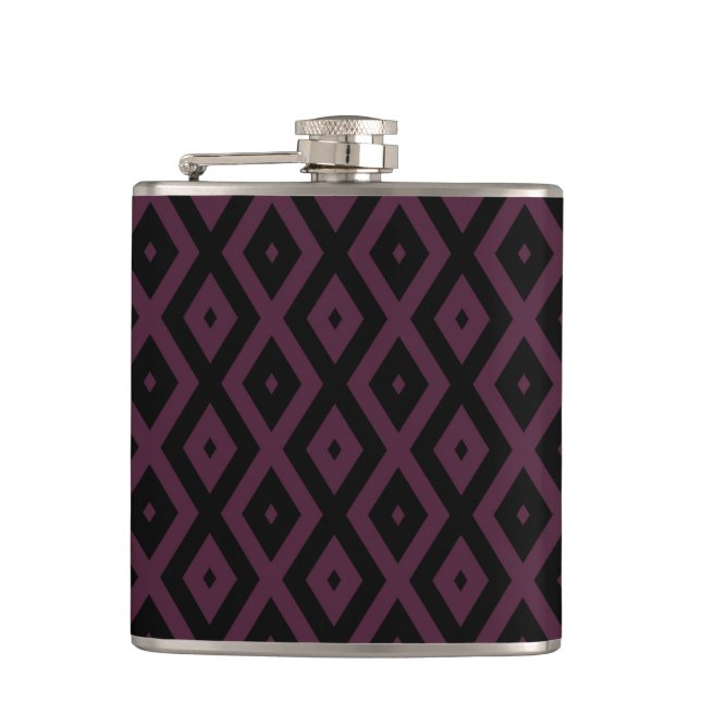 Plum and black diamond pattern hip flask (Front)