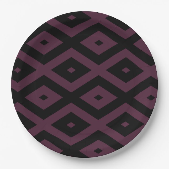 Plum and black diamond pattern paper plate (Front)
