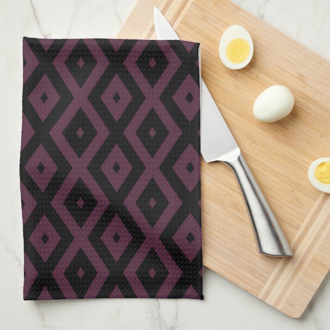 Plum and black diamond pattern tea towel (Quarter Fold)