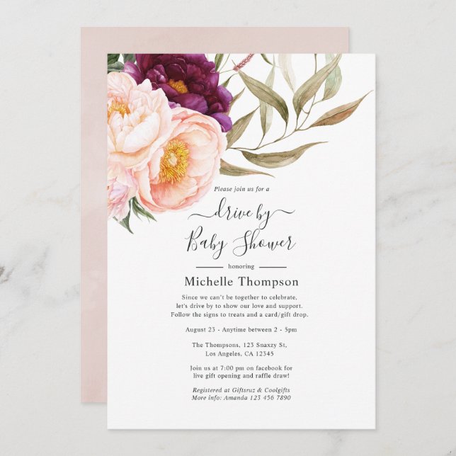Plum and Blush Floral Drive By Shower Invitation (Front/Back)