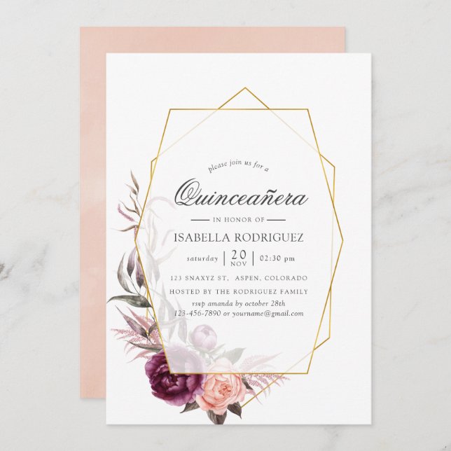 Plum and Blush Floral Geometric Quinceañera Invitation (Front/Back)