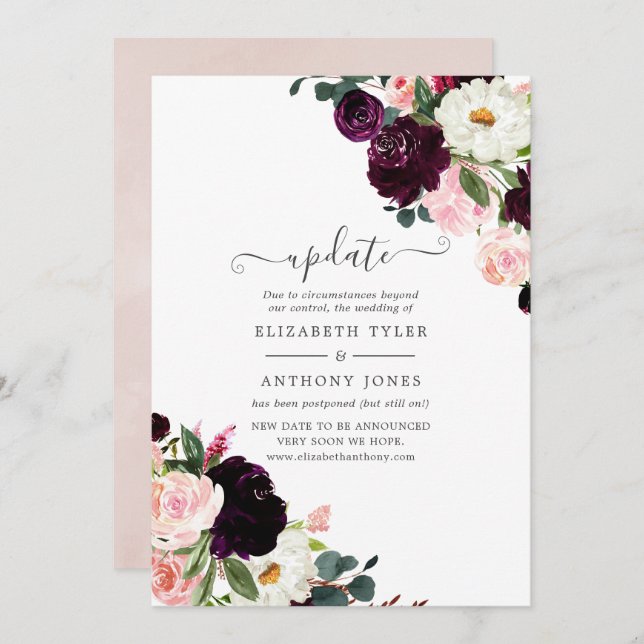 Plum and Blush Pink Wedding Update Invitation (Front/Back)