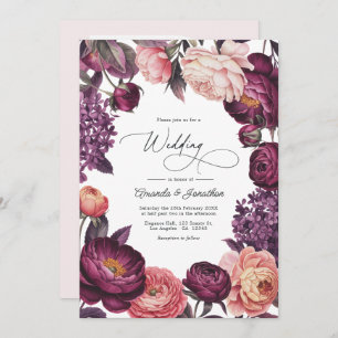 Plum and Blush Watercolor Floral Wedding Photo Invitation