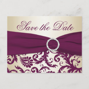 Plum and Champagne Damask Save the Date Postcard