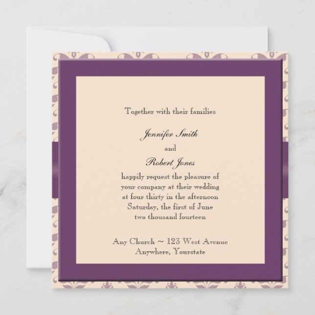Plum and Champagne Damask Wedding Invitation (Front)