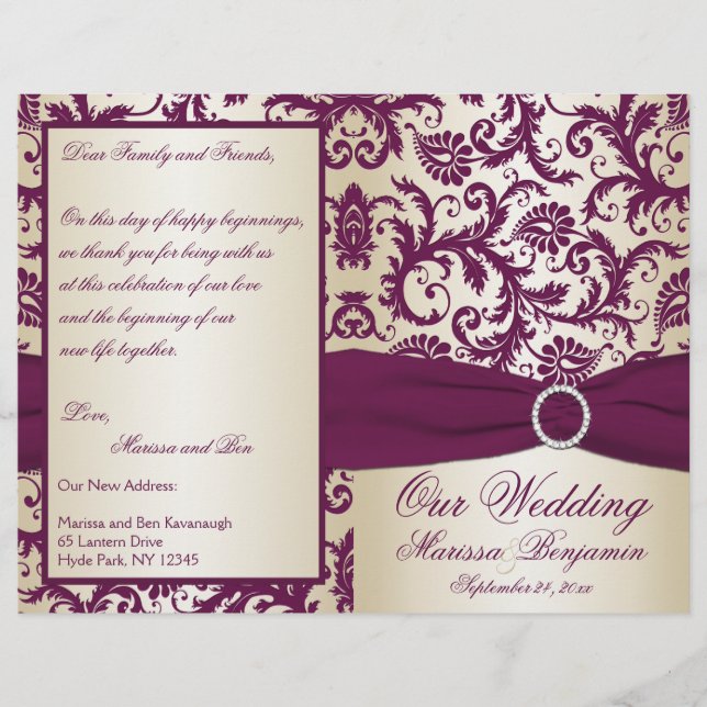 Plum and Champagne Damask Wedding Program (Front)