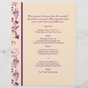 Plum and Champagne Floral Scroll Wedding Menu
