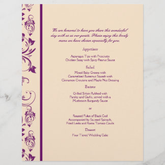 Plum and Champagne Floral Scroll Wedding Menu