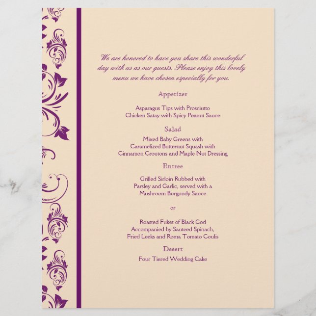 Plum and Champagne Floral Scroll Wedding Menu (Front)