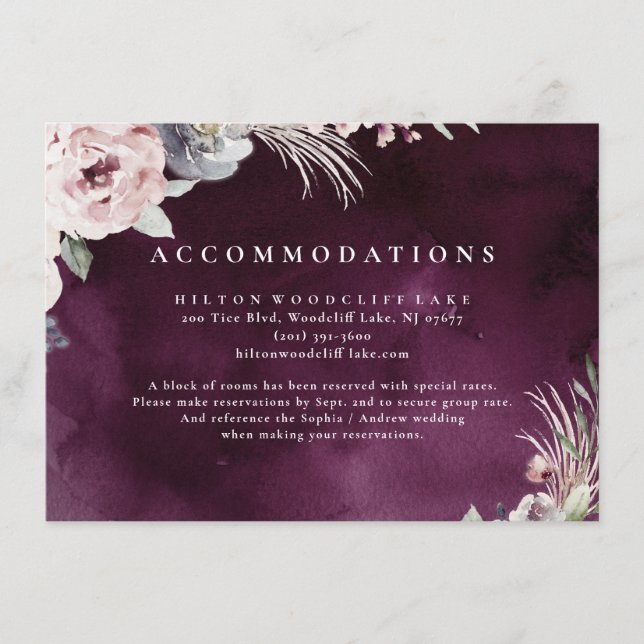 Plum and dusty pink boho floral accommodations enclosure card (Front)