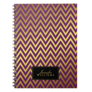 Plum and Faux Gold Chevron Stripes Personalised Notebook
