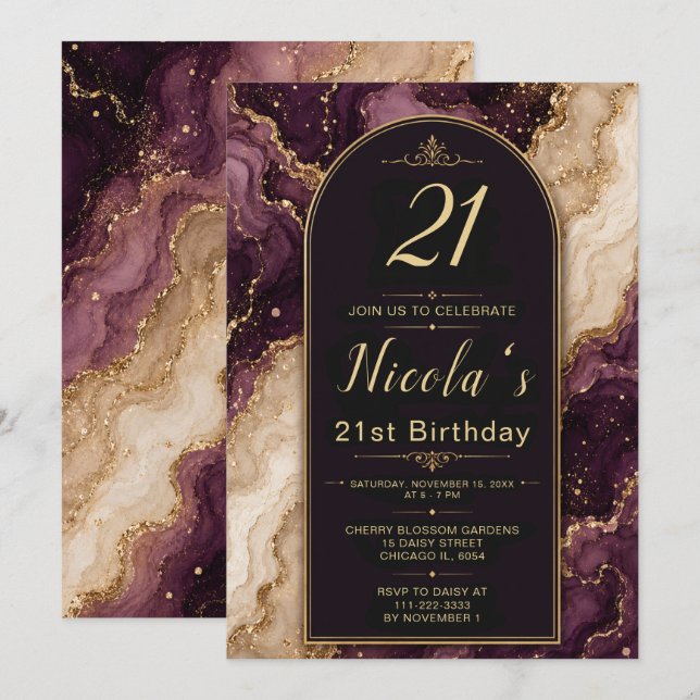 Plum and Gold 21st Birthday Invitation (Front/Back)
