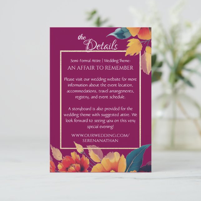 Plum and Gold Border Wildflowers Wedding Details Enclosure Card (Standing Front)