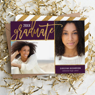 Plum and Gold Faux Foil 2 Photo Graduation Announcement